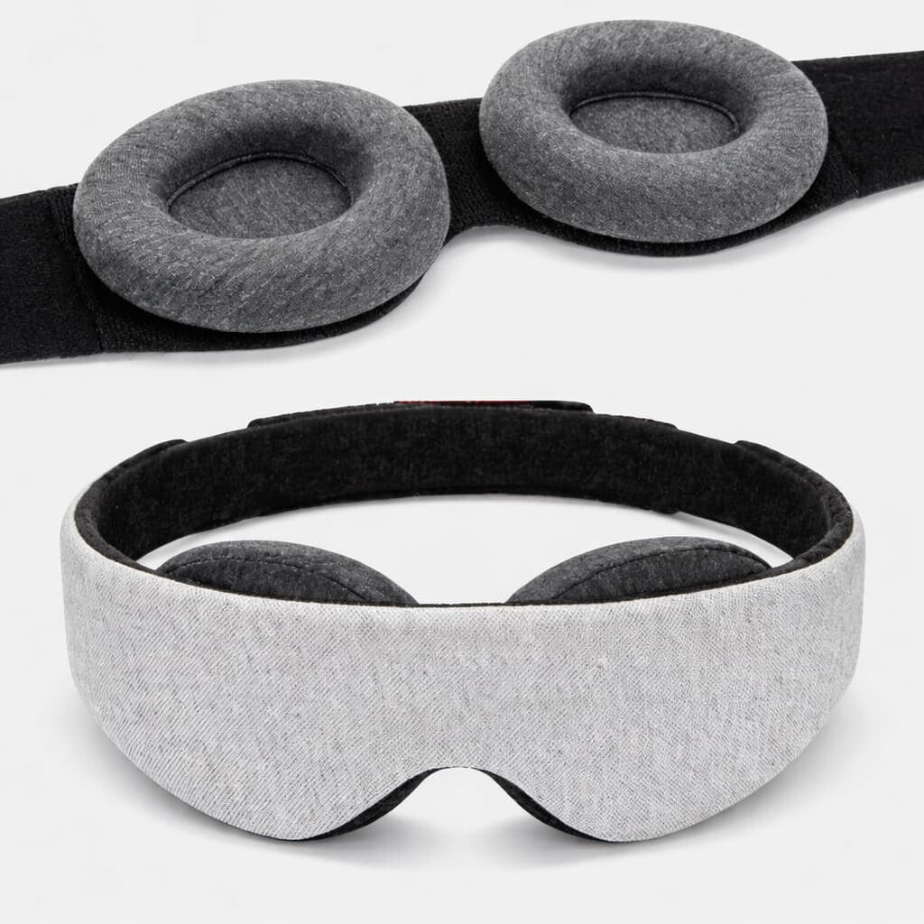 Muotoiltu nukkumismaski, joka istuu kasvoille ilman painetta silmiin.